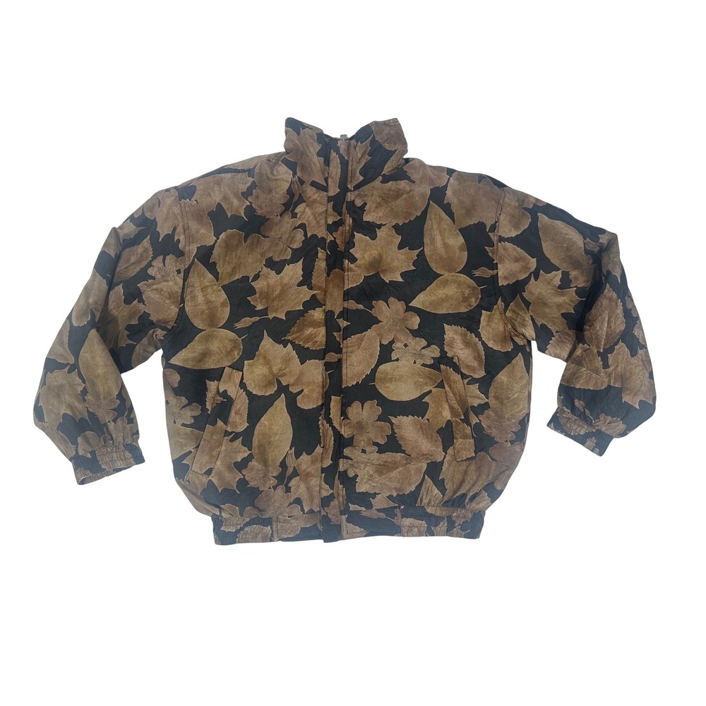 COACO Womens Brown Silk Leaf Print Bomber Jacket Full Zip Gorpcore Earthy size M